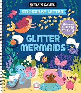 Book cover of 'Brain Games - Sticker By Letter: Glitter Mermaids: Includes 1 Glitter Sticker Sheet to Complete Each Image!'